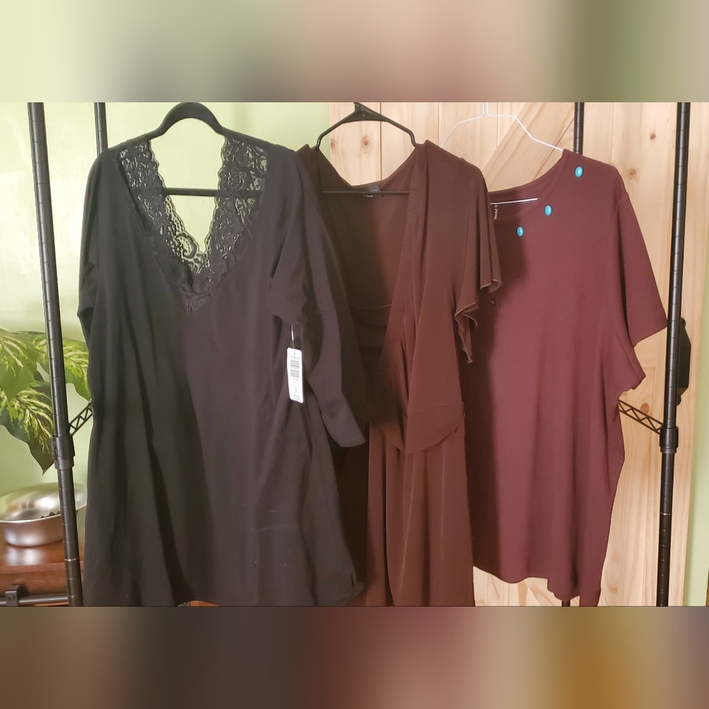 Bundle Of 3 Blouses - NWT Torrid Black Top with Lace Accent, and 2 Brown Tops